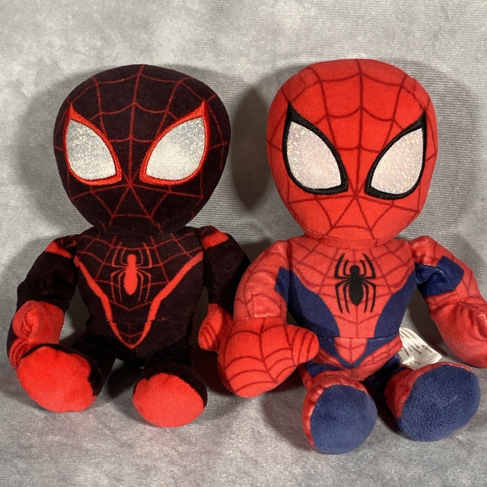 Marvel Spiderman Plush Miles Morales Black & Red Stuffed Doll Silver Eyes Bundle